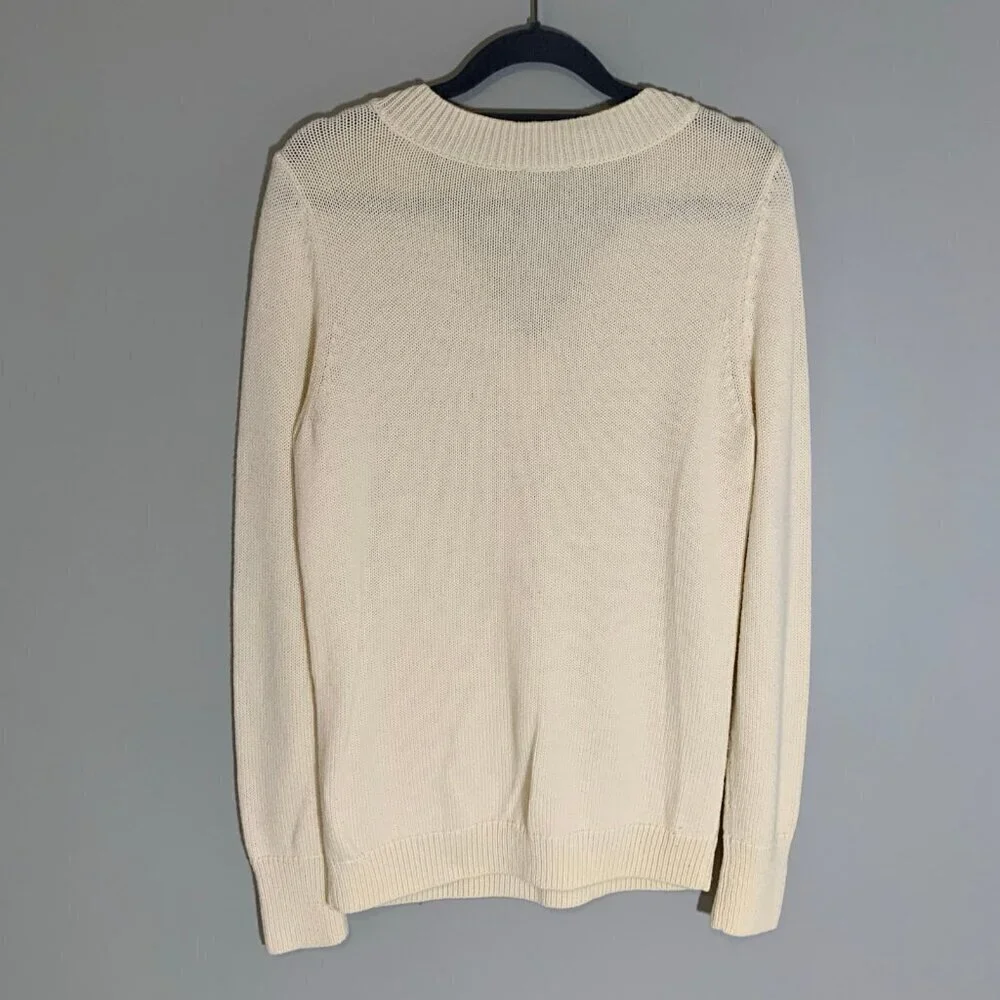 Talbots Cable Knit Sweater Women Medium Ivory V-Neck Lambswool Blend‎
